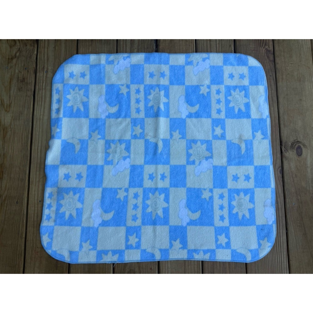 Vintage Y2K Crown Crafts Blue Yellow Celestial Sun Moon Star Fleece Baby Blanket